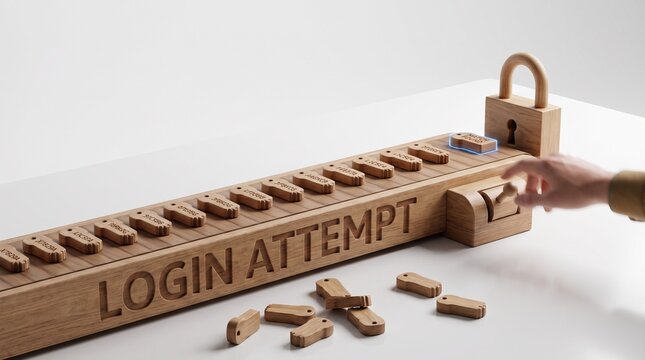Wooden login attempt mechanism with hand trying keys, representing brute force attack and credential stuffing concept