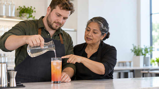 Learner topping a tall fruit mocktail with sparkling water while a coach indicates the remaining headspace beside the rim during a finishing lesson