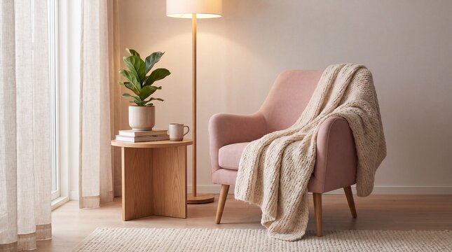 Cozy Scandinavian Reading Nook: Armchair, Plant & Side Table for Home Decor