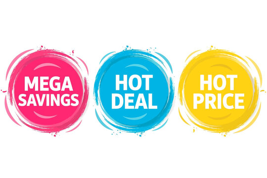 Promotional labels for savings, deals, and prices in bright colors  