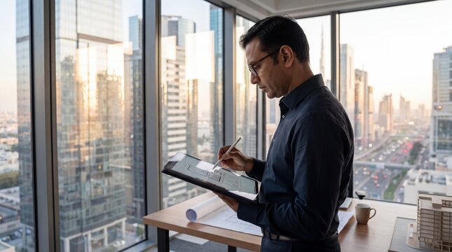Indian Architect Reviews Blueprints in Modern Office with City View