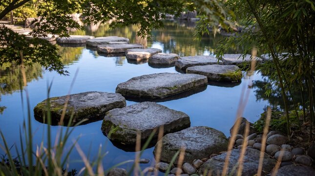 Zen Stepping Stones in Tranquil Blue Water for Serene Backgrounds