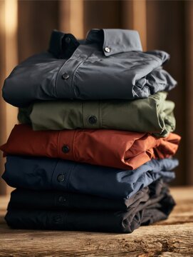 Five outdoor shirts folded neatly display quick-dry synthetic fabric in slate grey, olive, rust, navy, and black colors on a wooden surface.