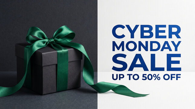 Black gift box with green ribbon, next to "Cyber Monday Sale" text, symbolizing a special offer and shopping event