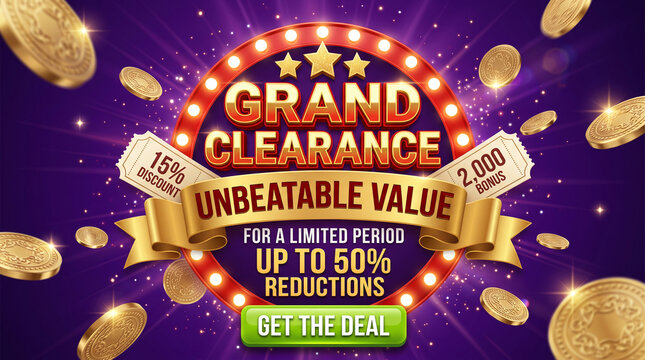 Grand clearance announcement with falling gold coins, offering up to 50% reductions, symbolizing winning and lucrative deals.