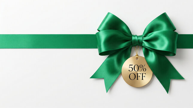 Green ribbon and bow with a gold tag reading "50% OFF", symbolizing a discount or sale, ideal for promotional content.