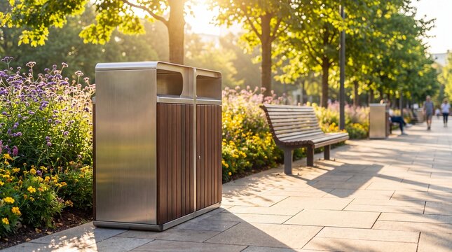 Modern public waste bin beside a park walkway, flower beds and seating. Urban cleanliness and litter management. Sustainable city infrastructure and public space design. Park maintenance.