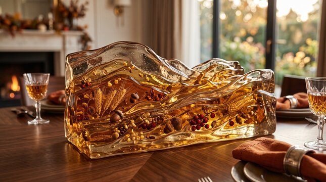 Golden Elixir Ice Sculpture: A magnificent ice sculpture, infused with the rich amber hues of liquor and botanicals, sits as a centerpiece on a refined dining table, hinting at an opulent gathering.
