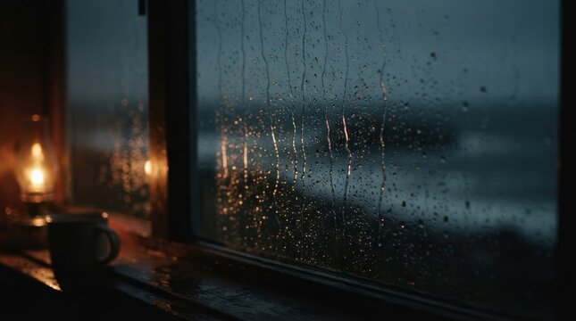 Rain streaking a coastal window with lamp reflections and blurred sea beyond