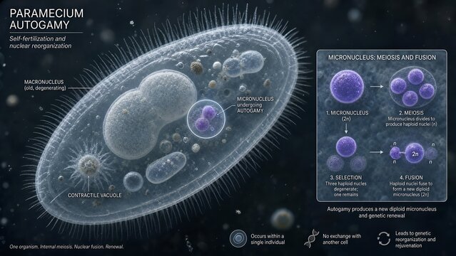 Scientific graphic of single paramecium self fertilization autogamy process featuring zoomed inset of micronucleus meiosis and haploid nuclear fusion into diploid nucleus