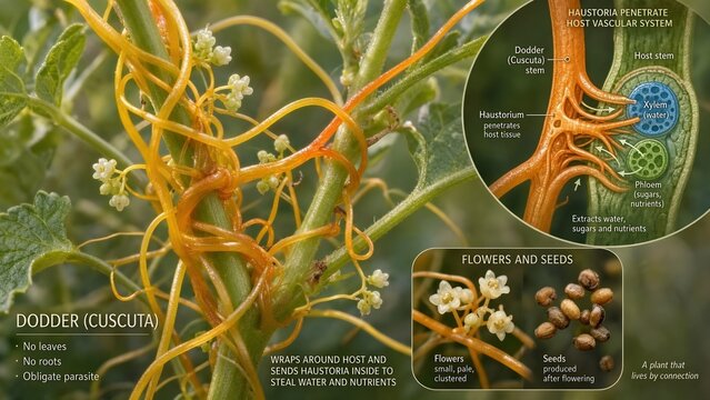 Detailed scientific rendering of leafless parasitic cuscuta dodder plant demonstrating infection strategy with haustoria invading host plant vascular tissues close up view