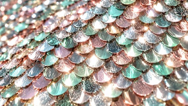 Iridescent sequin scales shimmering in silver, mint and rose across full frame as sparkly glamour background