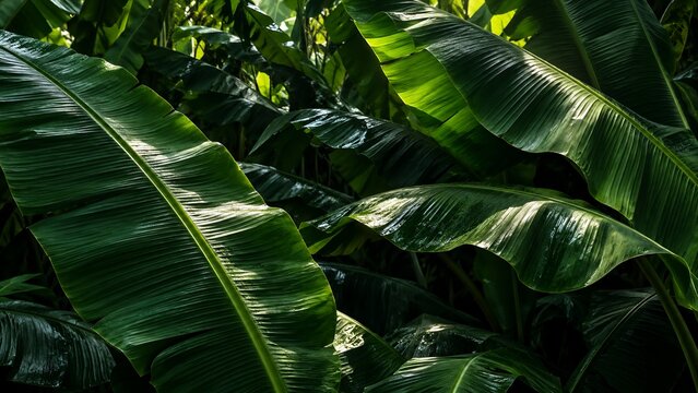 Overlapping dark green banana leaves with glossy veins and deep shadows as lush tropical background