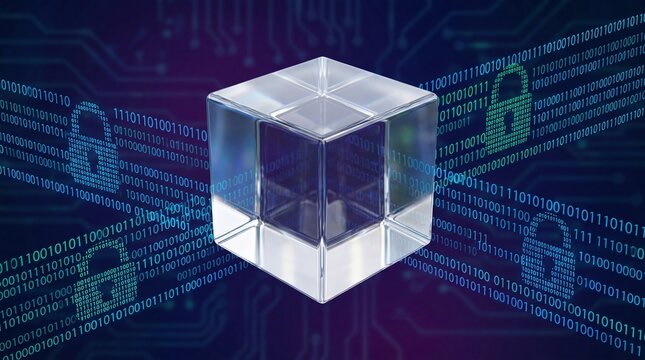 Transparent glass cube over flowing binary code and digital circuit background. Blockchain technology and distributed ledger concept. Cryptocurrency, encryption and secure data network.