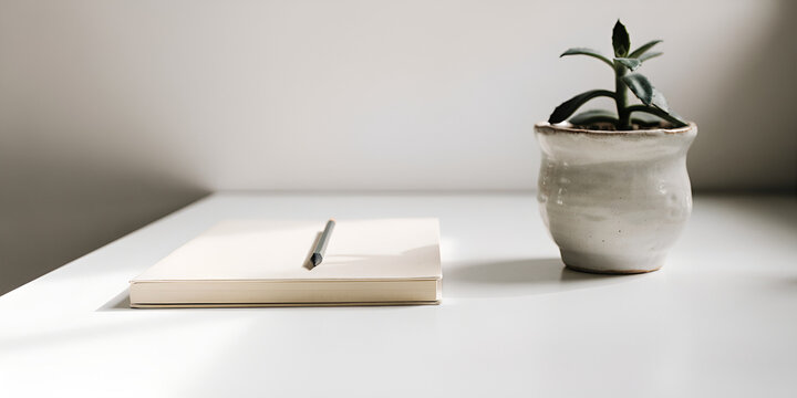 Closed cream notebook and pencil on a clean white desk beside a small plant
