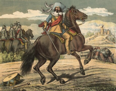 The Thirty Years' War, Wallenstein, Duke of Friedland, on horseback. Albrecht von Wallenstein, whose full name was Albrecht Wenzel Eusebius von Waldstein (born 24 September 1583, died 25 February 1634), Bohemian military commander, Generalissimus and politician representing the Estates, Duke of Friedland. Thirty Years' War, 1618 to 1648, conflict over hegemony in the Holy Roman Empire and in Europe, school picture, illustration, reproduction of a 19th-century original. School picture, wall hanging, authentic, file restored for optimal use, exact date of the original unknown, historical