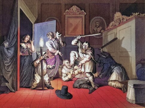 Hudibras Catechiz'd Engraved by G Presbury after Hogarth from The Works of Hogarth published London 1833, Historisch, digital restaurierte Reproduktion von einer Vorlage aus dem 19. Jahrhundert, Record date not stated