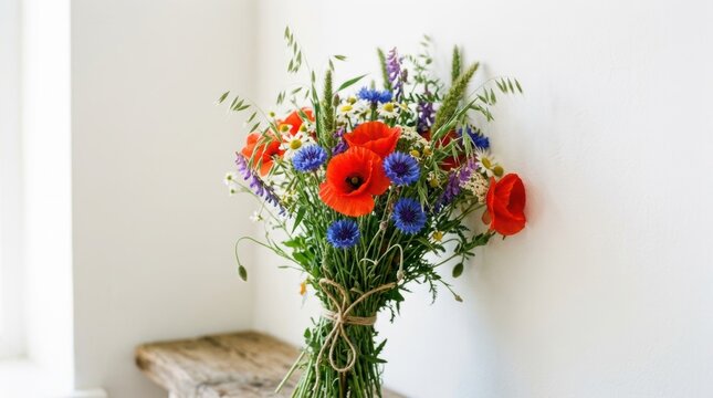 Wildflower bouquet with poppies and cornflowers leaning against a white wall