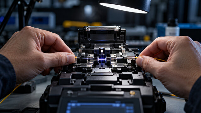 Telecom technician splicing optical fiber cables using precision fusion splicer