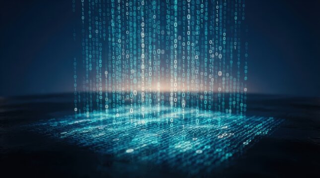 Binary code falling in isometric sheets on deep blue, abstract data and digital technology background