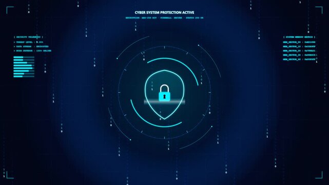 Digital cybersecurity shield icon glowing with binary data streams and secure protection interface