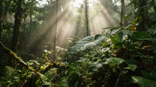 Rainforest canopy after rain with rising mist, sunbeams, and wet leaves dripping moisture