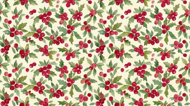 Seamless pattern featuring festive red holly berries and green leaves on a soft cream background for holiday season design