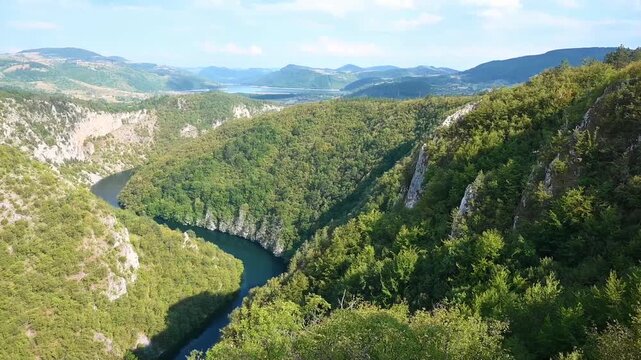 View over the Uvac River canyon surrounded by dense green forest, with clouds and vegetation reflected on the calm water. Scenic Serbian wilderness landscape for travel and nature concepts.