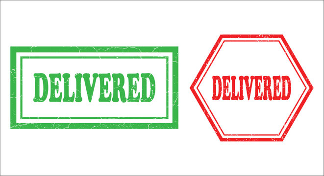 Two delivered stamps one rectangular green and one hexagonal red are displayed against a plain white background sign postage confirmation