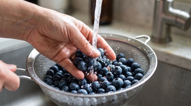 Hands washing fresh blueberries in a metal colander under running water