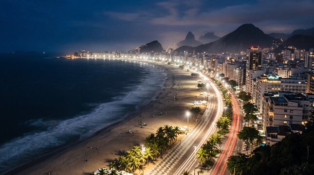 Copacabana Beach at Night in Rio de Janeiro Brazil