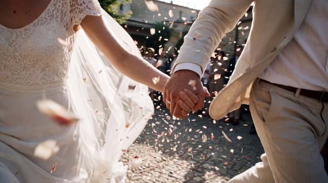 Bride and Groom Holding Hands Running Through Confetti
