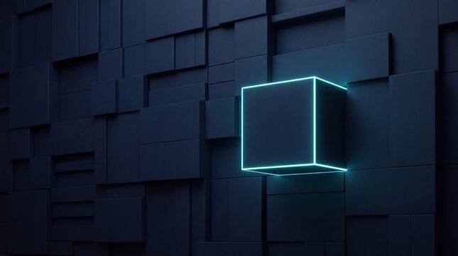 Glowing Neon Cube on Dark Abstract Geometric Background