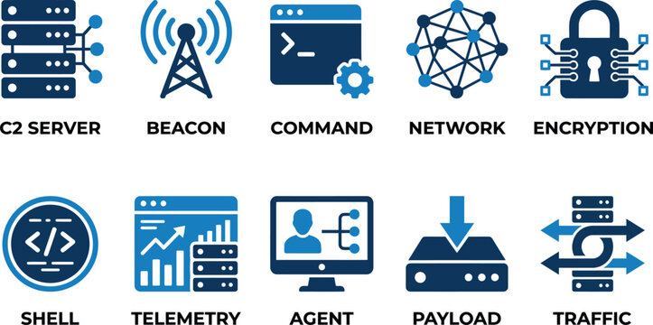 Set of cyber security and network hacking icons representing server communication beacons and data encryption Minimal solid fill icon set collection. Editable Vector icons pack