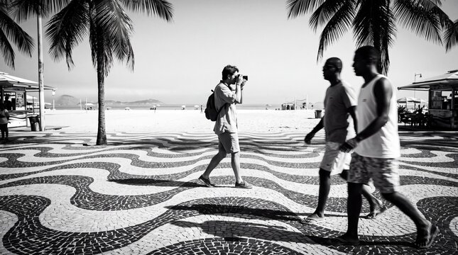 Tourist Taking Photo on Copacabana Beach Promenade in Rio de Janeiro