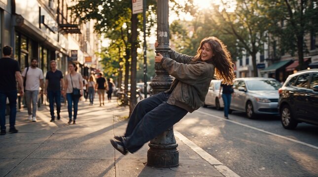 Playful Young Woman Swinging Around Lamppost on City Street