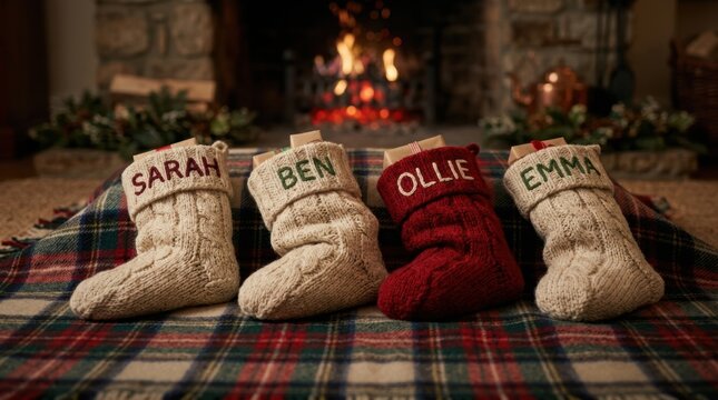 Knitted Christmas stockings with embroidered names lined up on a plaid blanket by the fireplace.