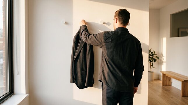 Businessman hanging his dark suit jacket on a modern wall hook
