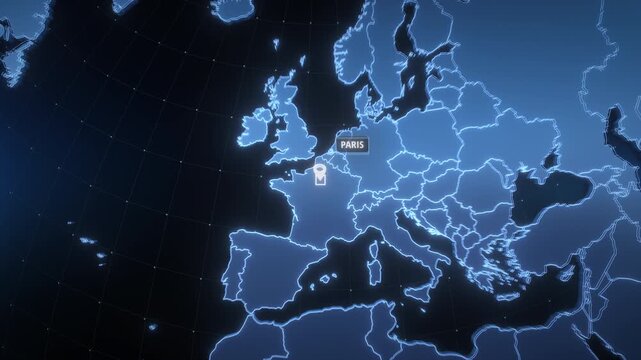 Animated zoom from a holographic blue globe to Paris with a location pin, animated rectangle highlight and text label, a futuristic digital map graphic for news, travel and business.

