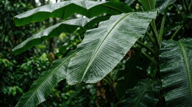Rain-soaked banana leaves layered under tropical canopy with glossy ribs and fresh green growth