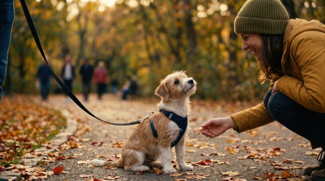 puppy on a park path tilting its head at passersby on a slack leash