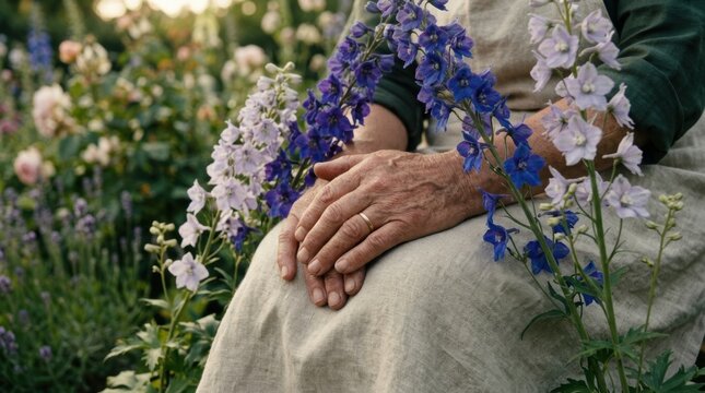 Weathered hands resting on linen in a flower garden beside delphiniums