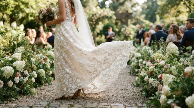 Lace wedding gown hem lifting in the garden breeze beside the aisle and floral ceremony decor.