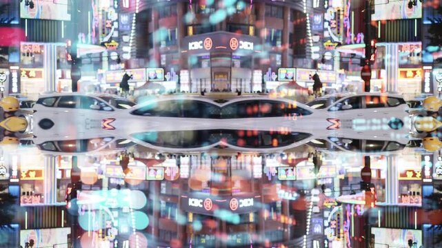 pattern of busy traffic street at night in chongqing with overlayed code