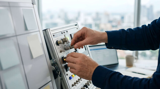 Focused hand adjusting control panel interface in modern office setting, concept for agile project management and iterative development workflows, enhancing team productivity and collaboration