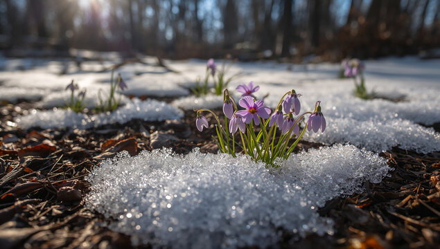 残雪の間から顔を出す小さな紫の花