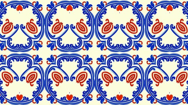 Blue ornamental scrolls slowly reshape around red floral motifs in repeating symmetrical pattern on pale cream background, with curling leaves and alternating upright and inverted rows