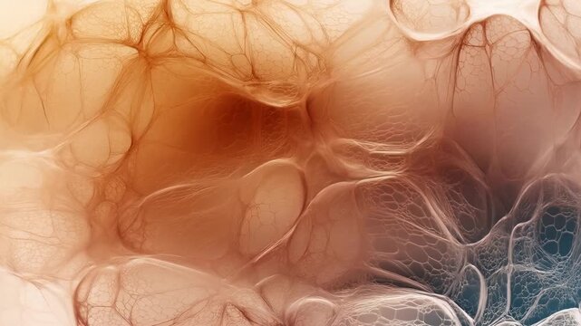Abstract fluid forms slowly morph across a cellular texture in digital space. Science presentation, wellness media, and artistic advertising.