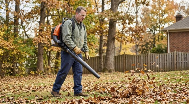 Man clearing autumn leaves with a leaf blower. Cleaning routine and surface care