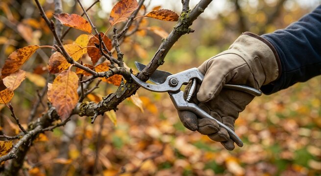 Gloved hand using pruning shears on an autumn branch. Autumn gardening and landscape care